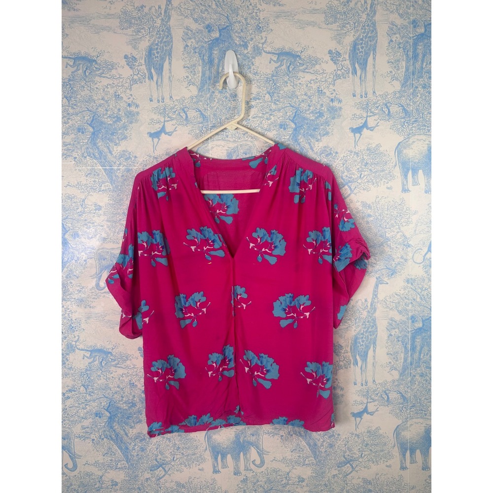 Maje Pink Blue Floral Print V-Neck Short Sleeve Blouse purchased from Saks